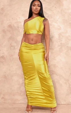 New PrettyLittleThing Shape Satin One Shoulder Crop Top Olive