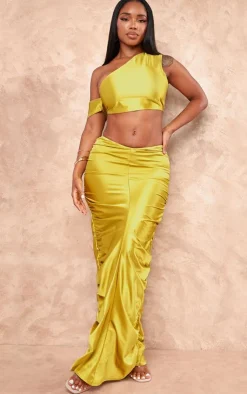 Sale PrettyLittleThing Shape Satin Ruched Side Maxi Skirt Olive