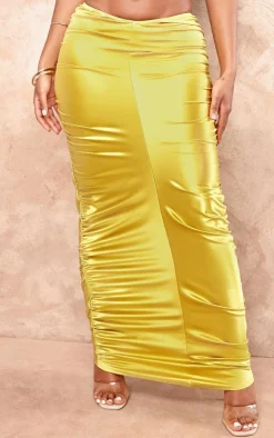Sale PrettyLittleThing Shape Satin Ruched Side Maxi Skirt Olive