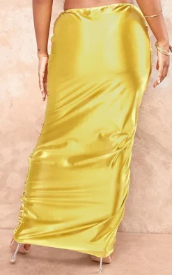 Sale PrettyLittleThing Shape Satin Ruched Side Maxi Skirt Olive