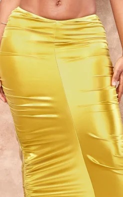Sale PrettyLittleThing Shape Satin Ruched Side Maxi Skirt Olive