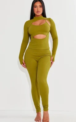 Best PrettyLittleThing Shape Sculpted Seam Detail High Waist Leggings Olive