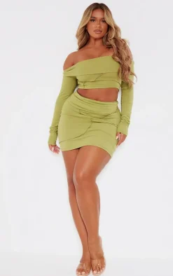 Discount PrettyLittleThing Shape Seam Detail Foldover Mini Skirt Olive