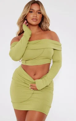 Discount PrettyLittleThing Shape Seam Detail Foldover Mini Skirt Olive