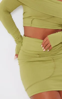 Discount PrettyLittleThing Shape Seam Detail Foldover Mini Skirt Olive