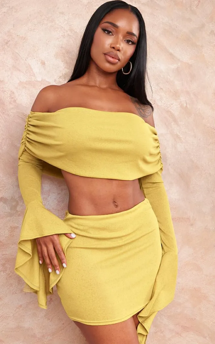 Shape Olive Sheer Mesh Bardot Flute Sleeve Crop Top