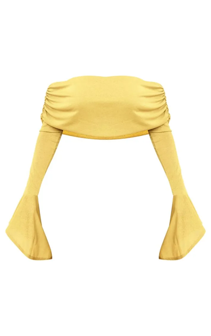 Shape Olive Sheer Mesh Bardot Flute Sleeve Crop Top