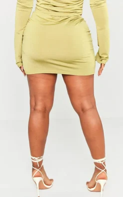 New PrettyLittleThing Shape Slinky Acetate Ruched Front Mini Skirt Olive