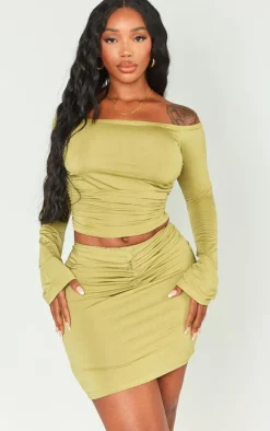 New PrettyLittleThing Shape Slinky Acetate Ruched Front Mini Skirt Olive