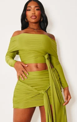 New PrettyLittleThing Shape Slinky Bardot Knot Side Crop Top Olive
