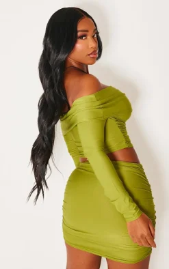 New PrettyLittleThing Shape Slinky Bardot Knot Side Crop Top Olive