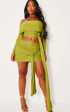 New PrettyLittleThing Shape Slinky Bardot Knot Side Crop Top Olive
