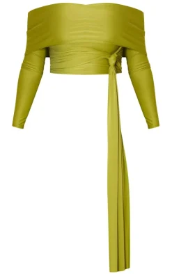 New PrettyLittleThing Shape Slinky Bardot Knot Side Crop Top Olive