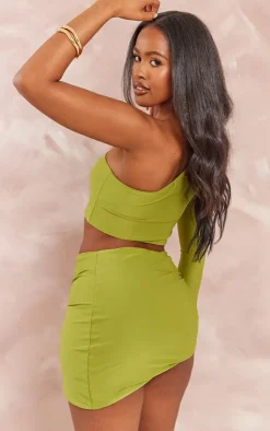PrettyLittleThing Shape Slinky One Shoulder Crop Top Olive