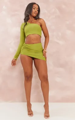 PrettyLittleThing Shape Slinky One Shoulder Crop Top Olive