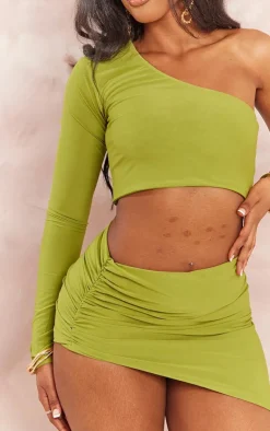 PrettyLittleThing Shape Slinky One Shoulder Crop Top Olive