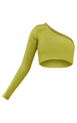 PrettyLittleThing Shape Slinky One Shoulder Crop Top Olive