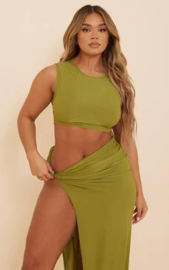 New PrettyLittleThing Shape Slinky Racer Crop Top Olive