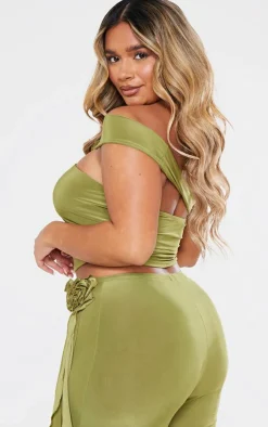 Sale PrettyLittleThing Shape Slinky Rose Bandeau Top Olive