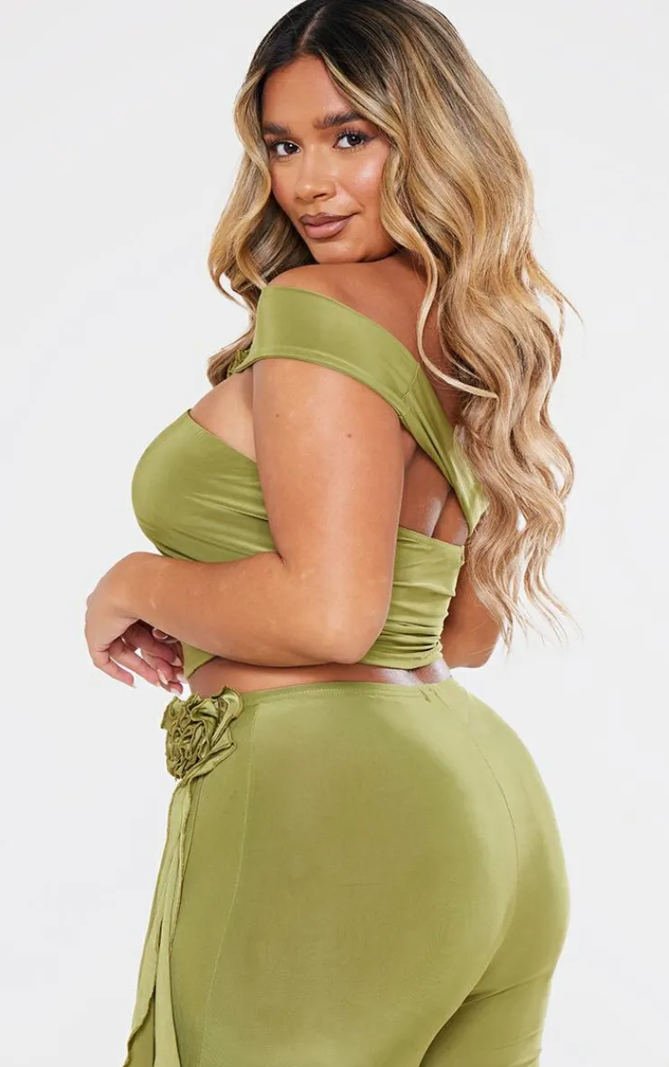 Sale PrettyLittleThing Shape Slinky Rose Bandeau Top Olive