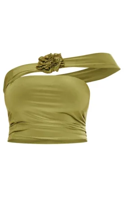 Sale PrettyLittleThing Shape Slinky Rose Bandeau Top Olive