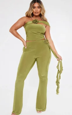 New PrettyLittleThing Shape Slinky Rose High Waist Flare Pant Olive