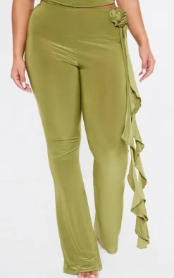 New PrettyLittleThing Shape Slinky Rose High Waist Flare Pant Olive