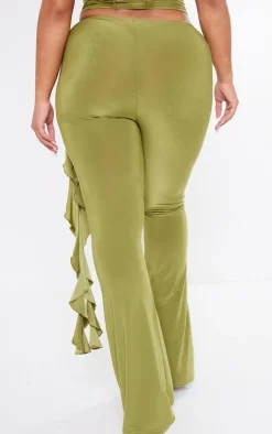 New PrettyLittleThing Shape Slinky Rose High Waist Flare Pant Olive