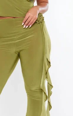 New PrettyLittleThing Shape Slinky Rose High Waist Flare Pant Olive