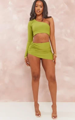 New PrettyLittleThing Shape Slinky Ruched Asymmetric Side Mini Skirt Olive
