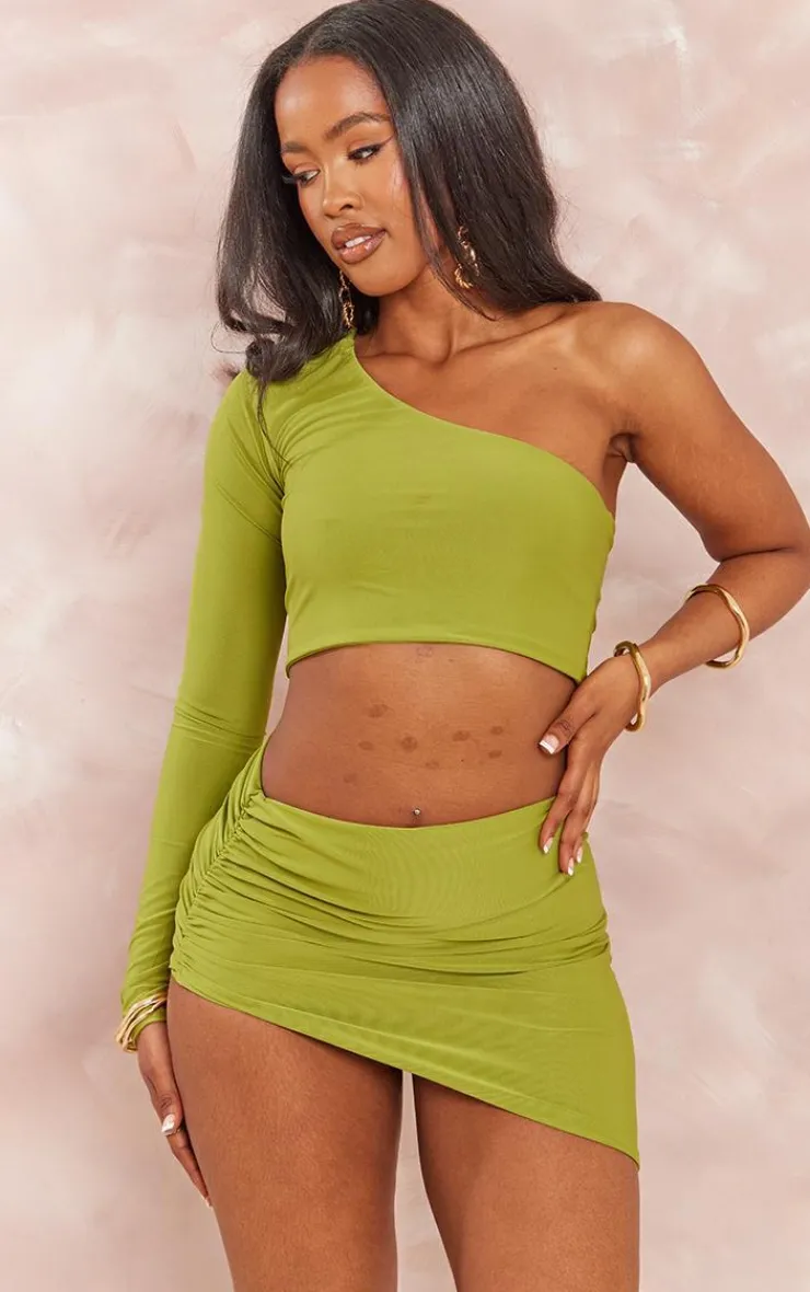 New PrettyLittleThing Shape Slinky Ruched Asymmetric Side Mini Skirt Olive
