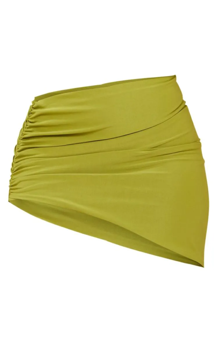 New PrettyLittleThing Shape Slinky Ruched Asymmetric Side Mini Skirt Olive