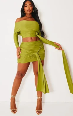 Sale PrettyLittleThing Shape Slinky Ruched Knot Side Mini Skirt Olive