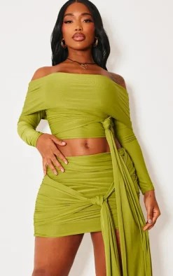 Sale PrettyLittleThing Shape Slinky Ruched Knot Side Mini Skirt Olive