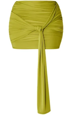 Sale PrettyLittleThing Shape Slinky Ruched Knot Side Mini Skirt Olive