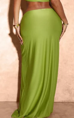 Best PrettyLittleThing Shape Slinky Ruched Front Maxi Skirt Olive