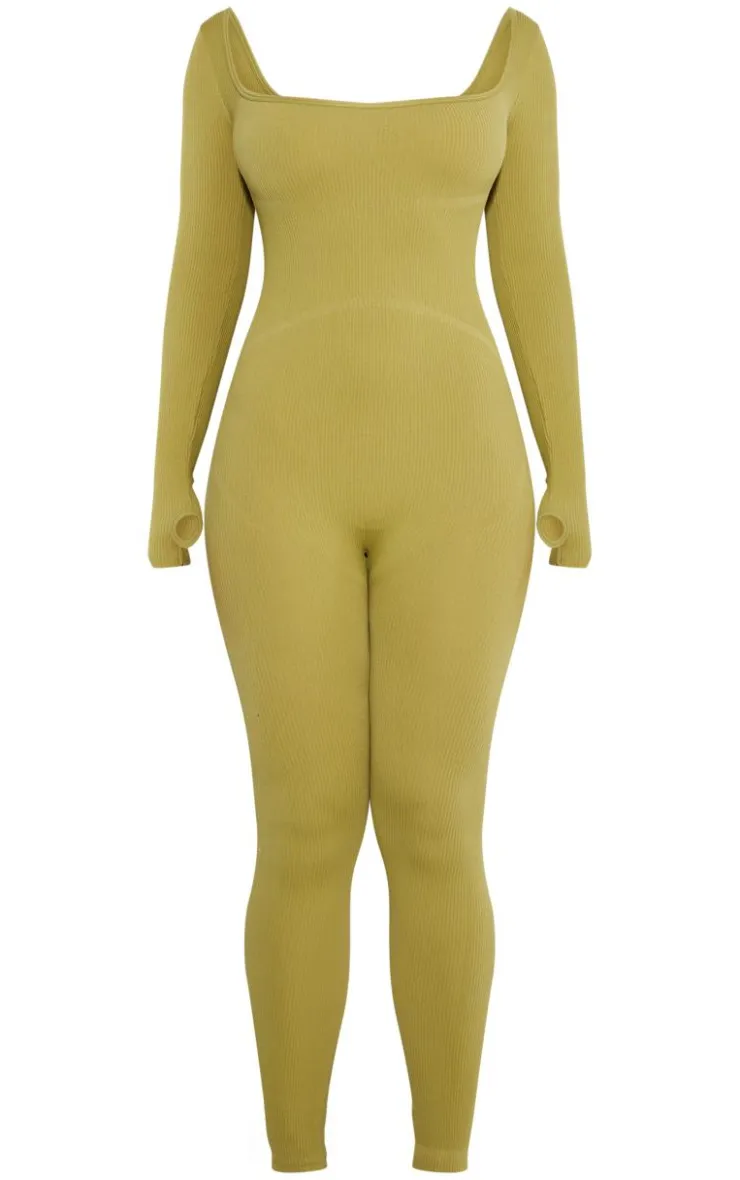 PrettyLittleThing Snatched*Shape Snatched Rib Square Neck Thumb Hole Jumpsuit