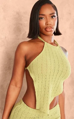 New PrettyLittleThing Shape Textured Halterneck Backless Top Olive