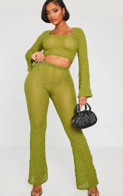 Online PrettyLittleThing Shape Textured Sheer Wide Leg Pants Olive