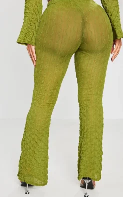 Online PrettyLittleThing Shape Textured Sheer Wide Leg Pants Olive