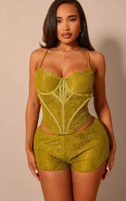 Discount PrettyLittleThing Shape Textured Woven Hot Pants Olive