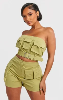 PrettyLittleThing Shape Twill Buckle Detail Cargo Bandeau Olive