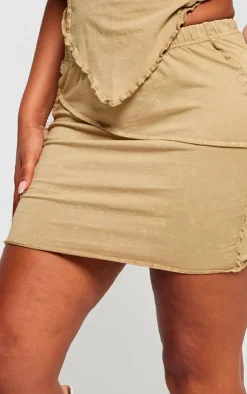 Hot PrettyLittleThing Shape Washed Cotton Seam Lettuce Hem Skirt Olive