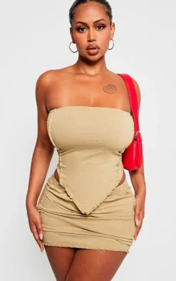 Best PrettyLittleThing Shape Washed Cotton Seam Bandeau Top Olive