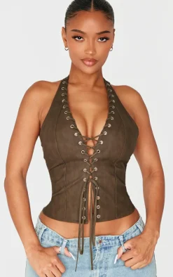 PrettyLittleThing Corsets*Shape Washed Faux Leather Halter Neck Lace Up Corset