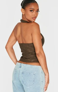 PrettyLittleThing Corsets*Shape Washed Faux Leather Halter Neck Lace Up Corset