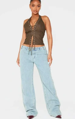 PrettyLittleThing Corsets*Shape Washed Faux Leather Halter Neck Lace Up Corset