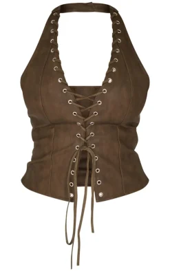 PrettyLittleThing Corsets*Shape Washed Faux Leather Halter Neck Lace Up Corset