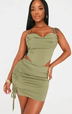 Discount PrettyLittleThing Shape Woven Ruched Side Mini Skirt Olive