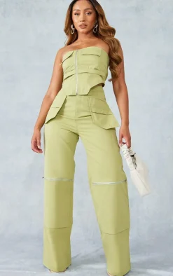 Discount PrettyLittleThing Shape Woven Zip Detail Pants Olive